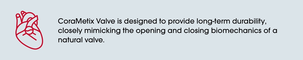 Red outline of a heart with a valve on the left side. To the right, black text reads: 'CoraMetix Valve is designed to provide long-term durability, closely mimicking the opening and closing biomechanics of a natural valve.