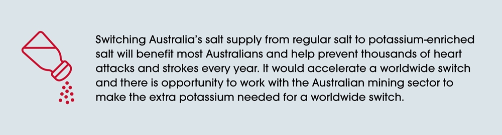 Graphic with a salt shaker icon on the left, pouring out red dots. Text reads: 'Switching Australia's salt supply from regular salt to potassium-enriched salt will benefit most Australians and help prevent thousands of heart attacks and strokes every year. It would accelerate a worldwide switch and there is opportunity to work with the Australian mining sector to make the extra potassium needed for a worldwide switch.'