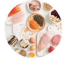 Circular image of a range of protein-rich food, including chicken, fish, eggs, tofu and nuts