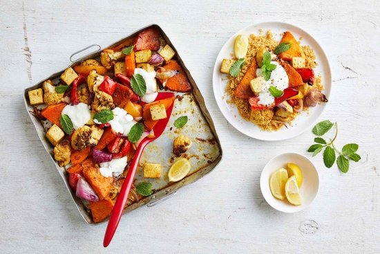 Moroccan vegetarian tray bake
