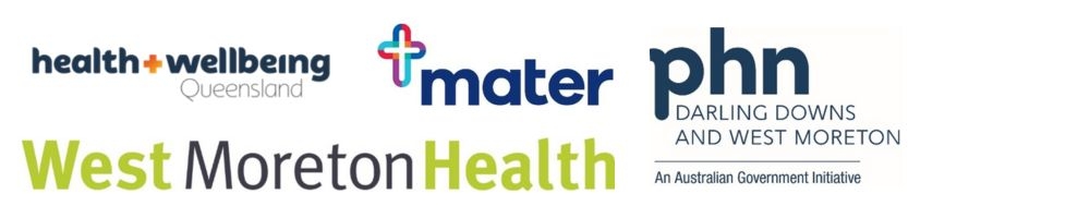 Logos of health organizations including Health and Wellbeing Queensland, Mater, PHN Darling Downs and West Moreton, and West Moreton Health.